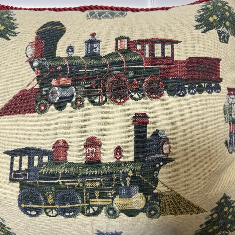 VTG 90s Square Tapestry Pillow Christmas Tree‎ Trains Nutcracker Star 16x16 gift